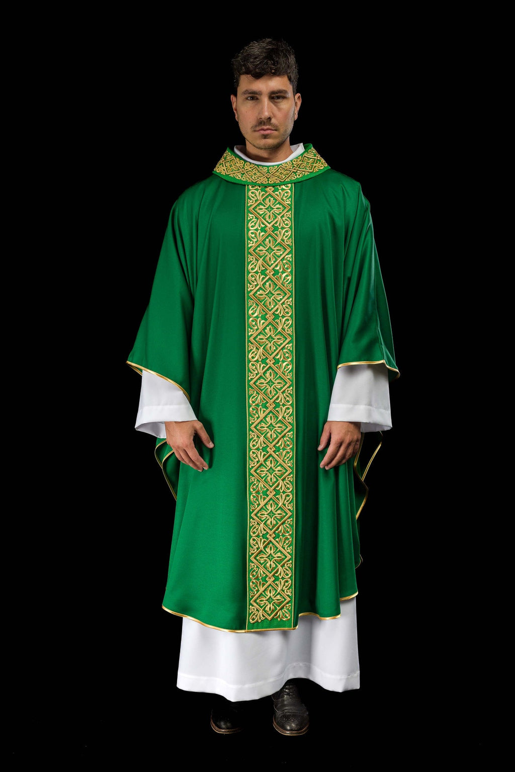 Ornat bogato haftowany motyw florystyczny z krzyżami Zielony - ORNATY.PL