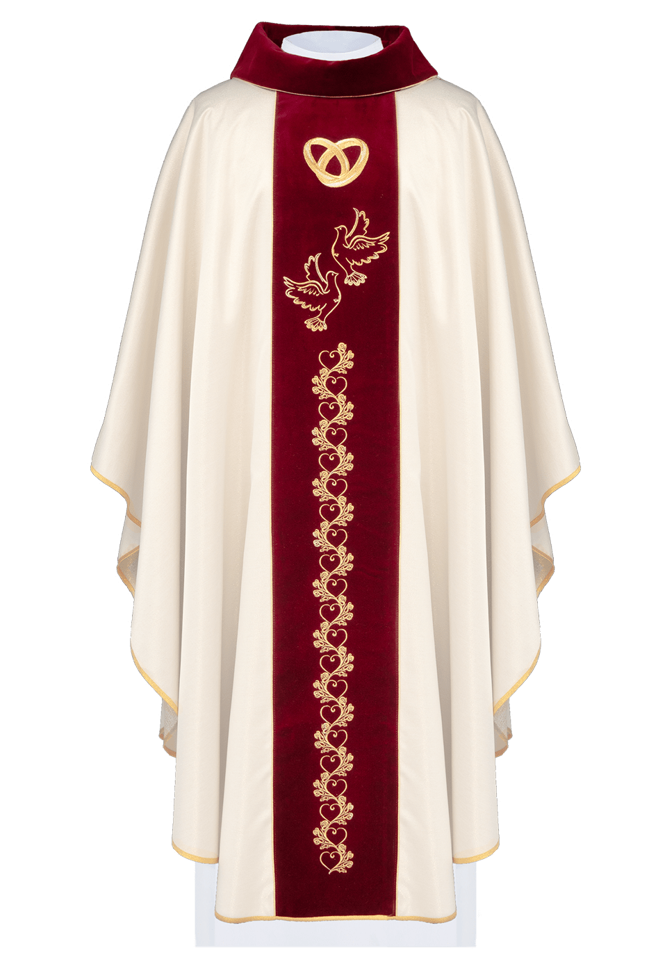 Ornat Ślubny w kolorze ecru z czerwonym aksamitnym pasem - ORNATY.PL