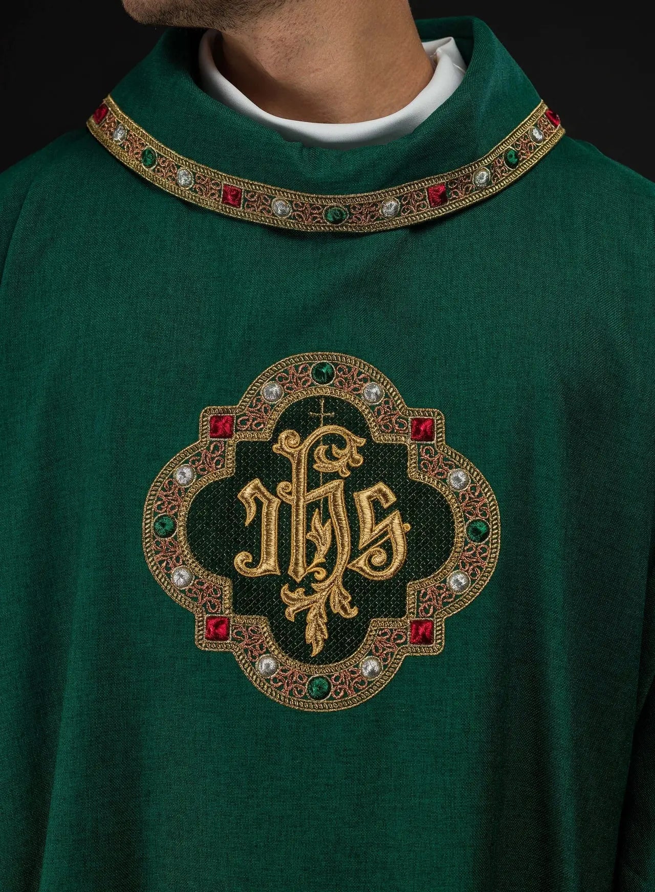 Green Dalmatic with IHS Symbol and Stand-Up Collar