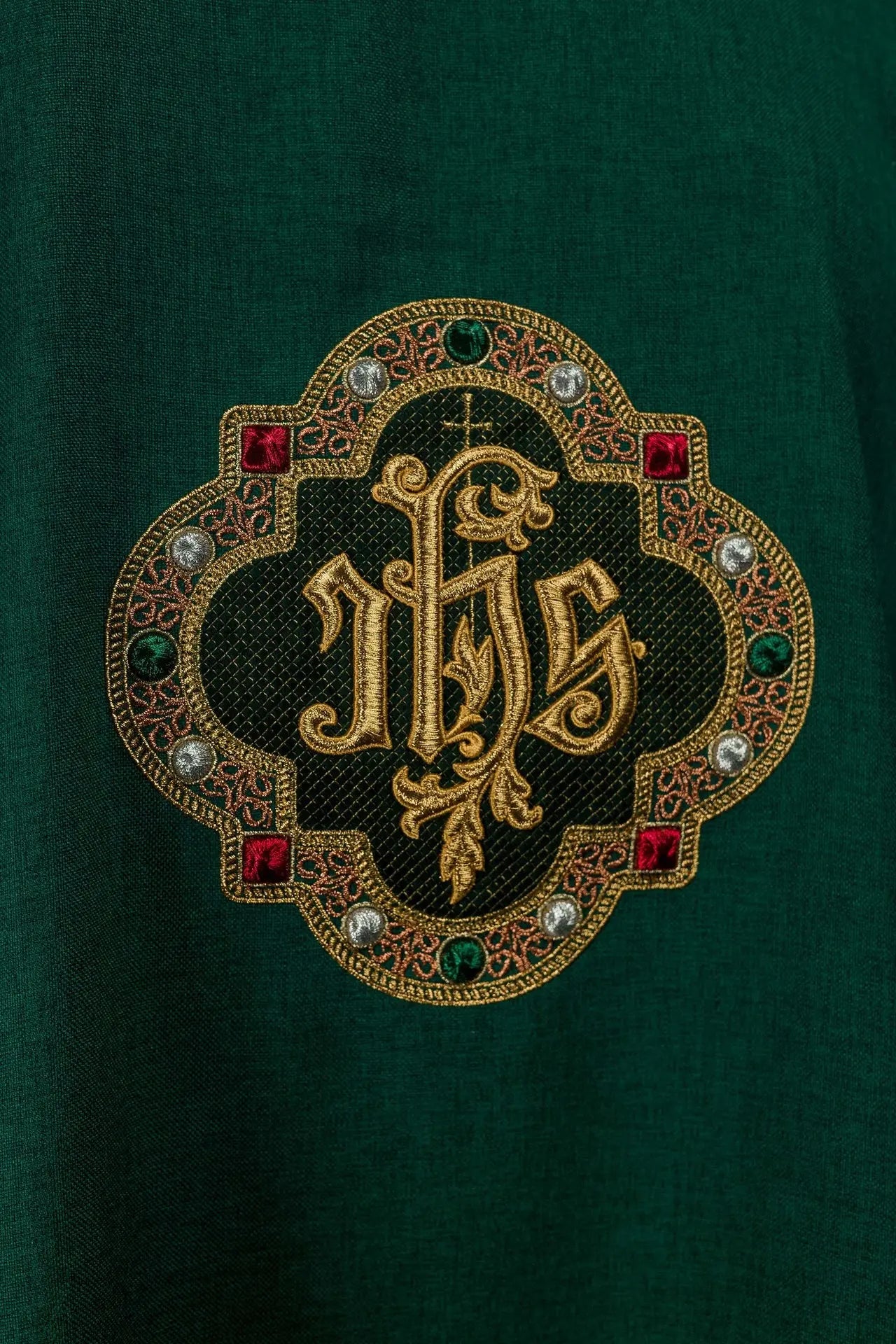 Green Dalmatic with IHS Symbol and Stand-Up Collar