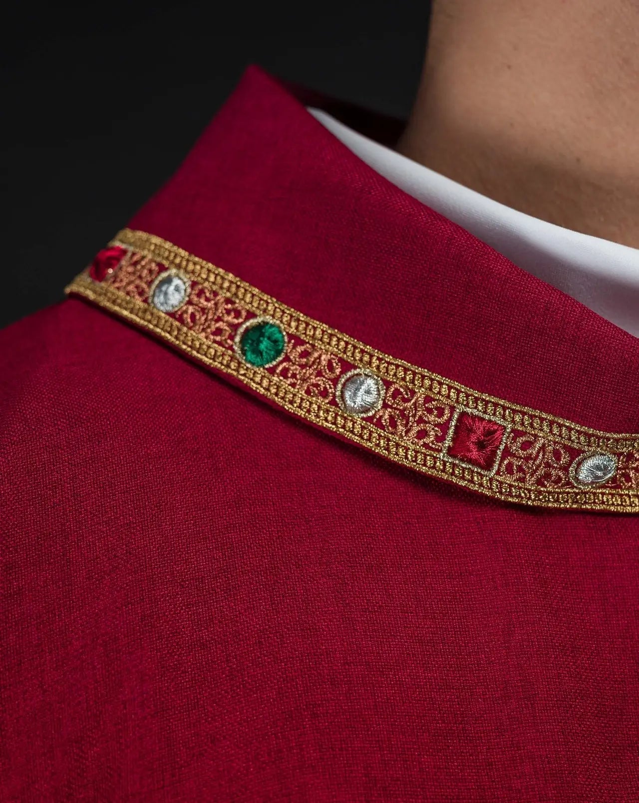 Red Dalmatic with IHS Symbol and Stand-Up Collar
