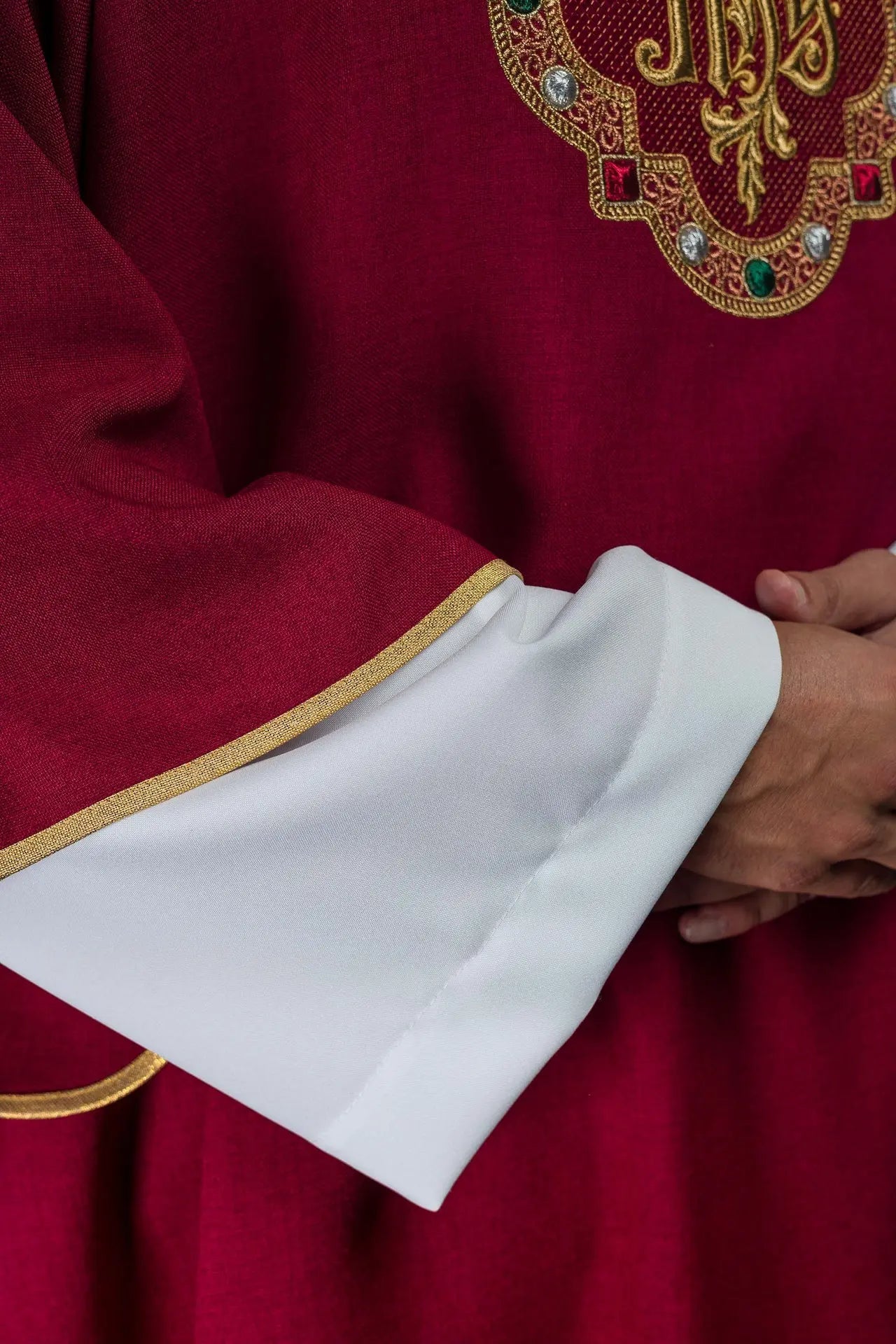 Red Dalmatic with IHS Symbol and Stand-Up Collar
