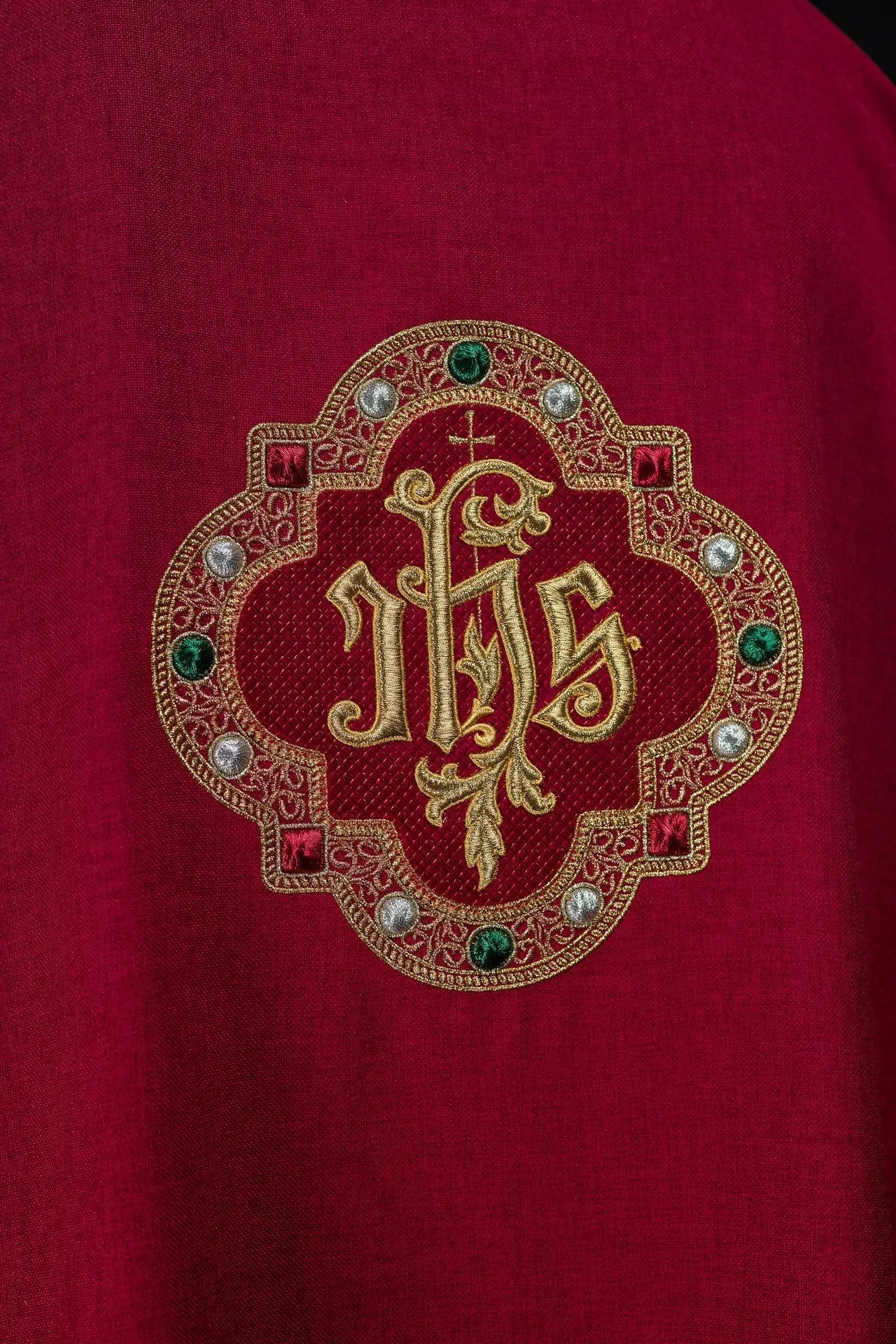 Red Dalmatic with IHS Symbol and Stand-Up Collar