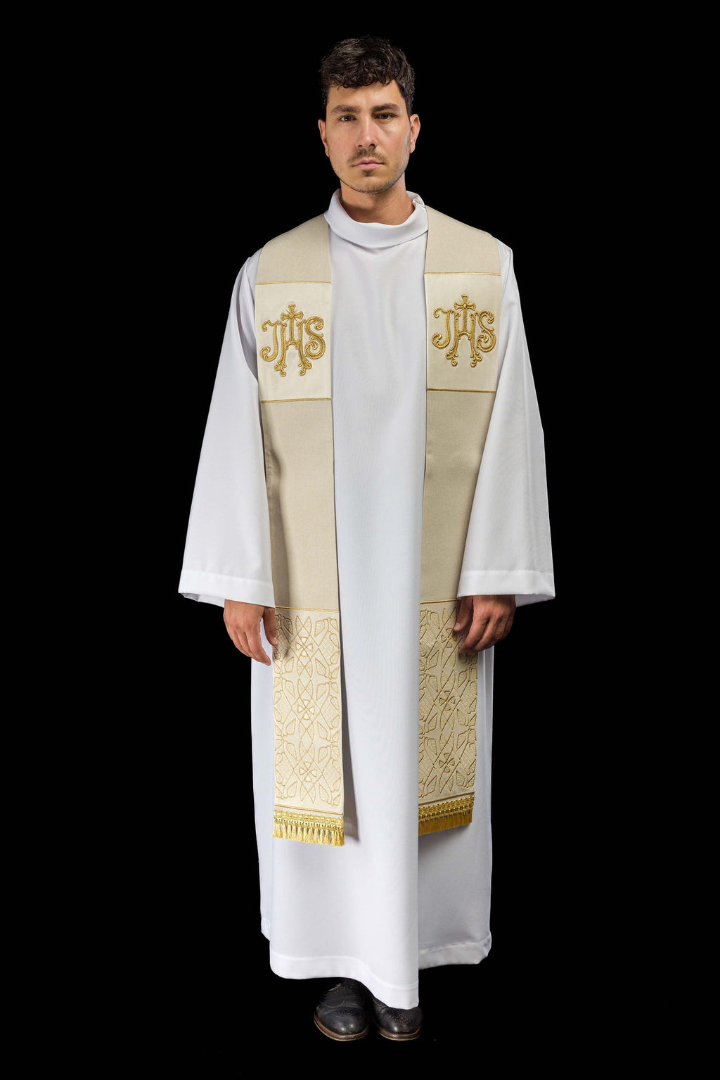 Stuła haftowana aksamitna z motywem IHS ecru - ORNATY.PL