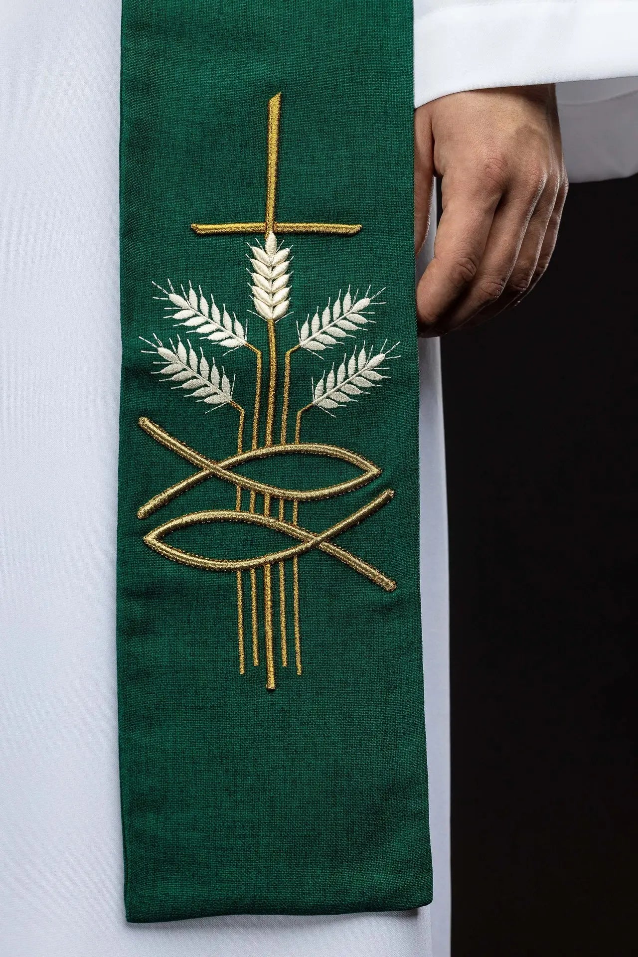 Green Stole with Pax Fish and Wheat Embroidery