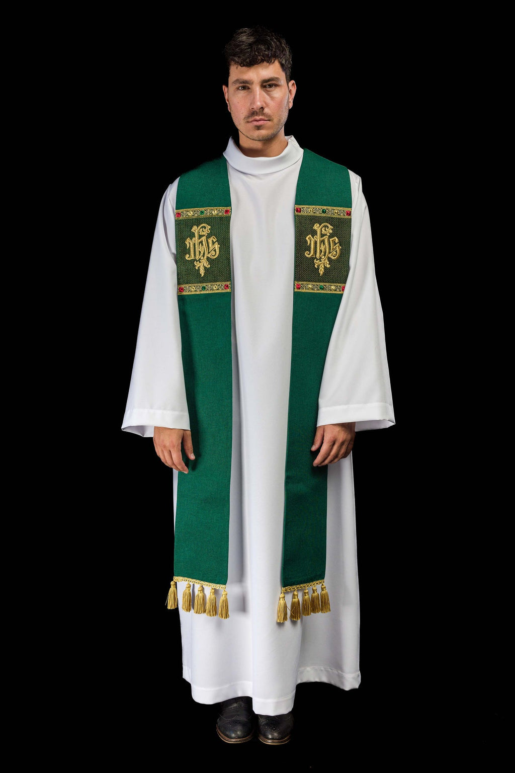 Stuła haftowana z motywem IHS zielona - ORNATY.PL