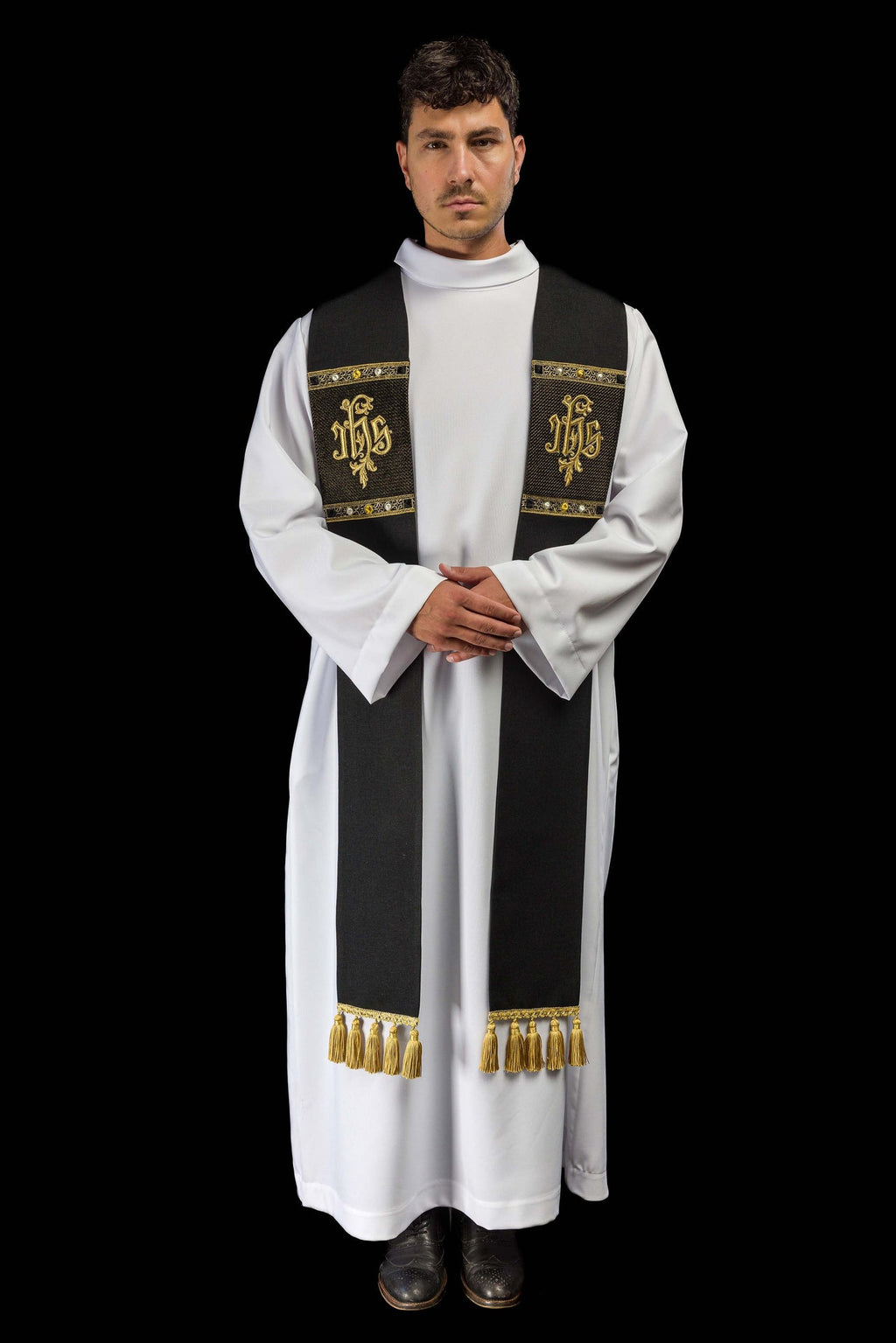 Stuła haftowana z motywem IHS czarna - ORNATY.PL