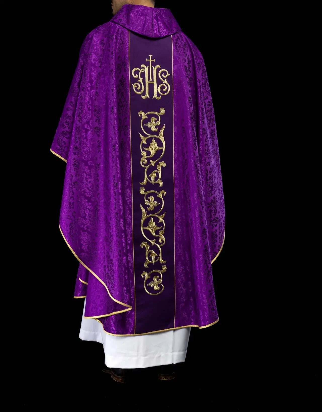 Purple liturgical chasuble with richly decorated IHS belt