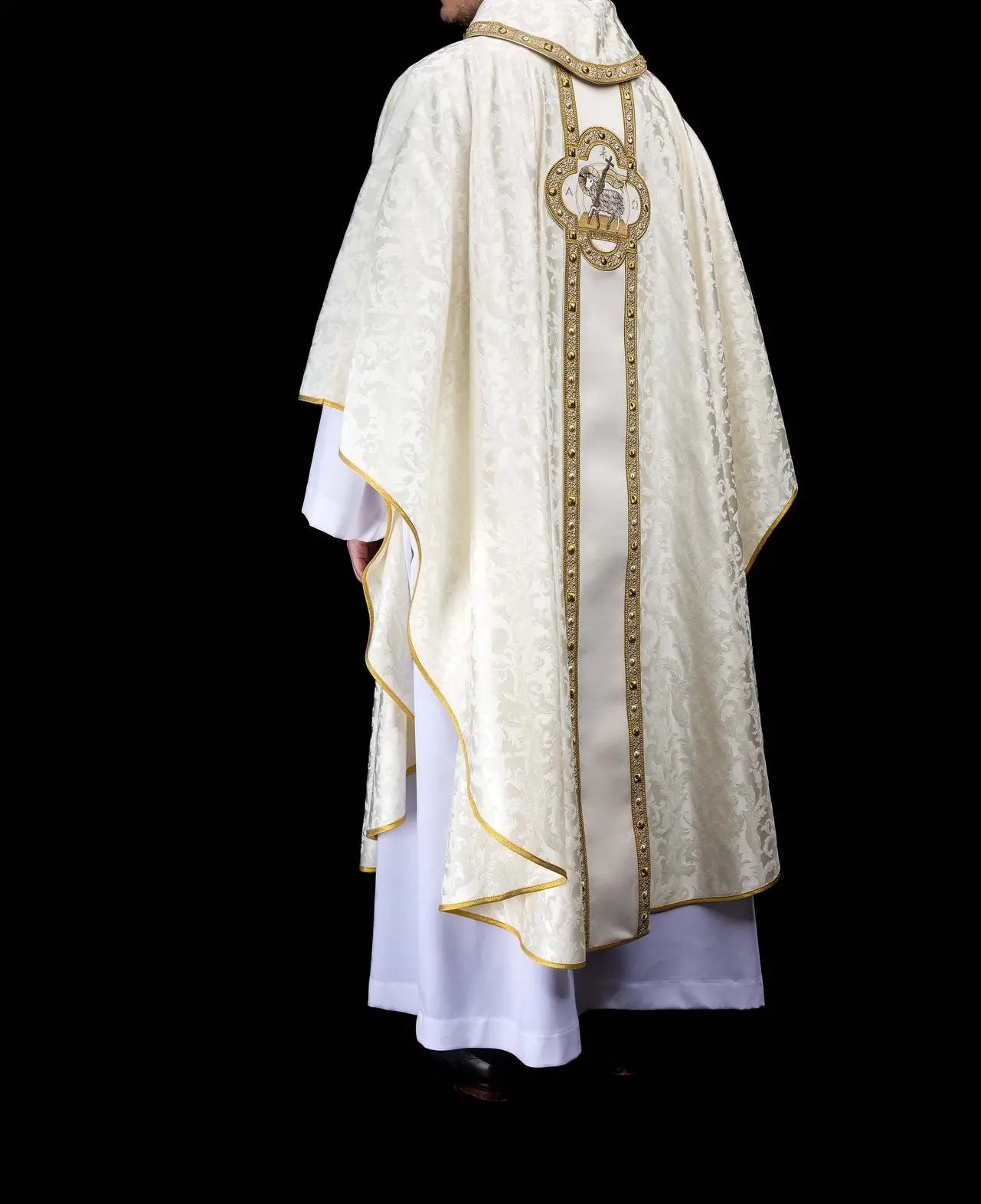 Chasuble with Embroidered Paschal Lamb and Orphrey in Ecru Jacquard