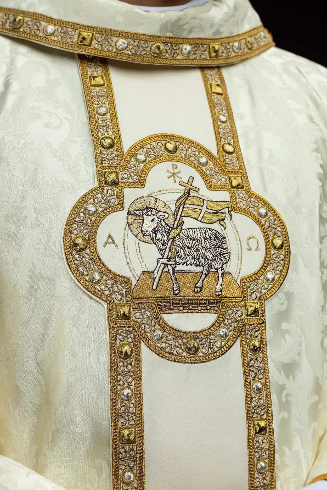 Chasuble with Embroidered Paschal Lamb and Orphrey in Ecru Jacquard
