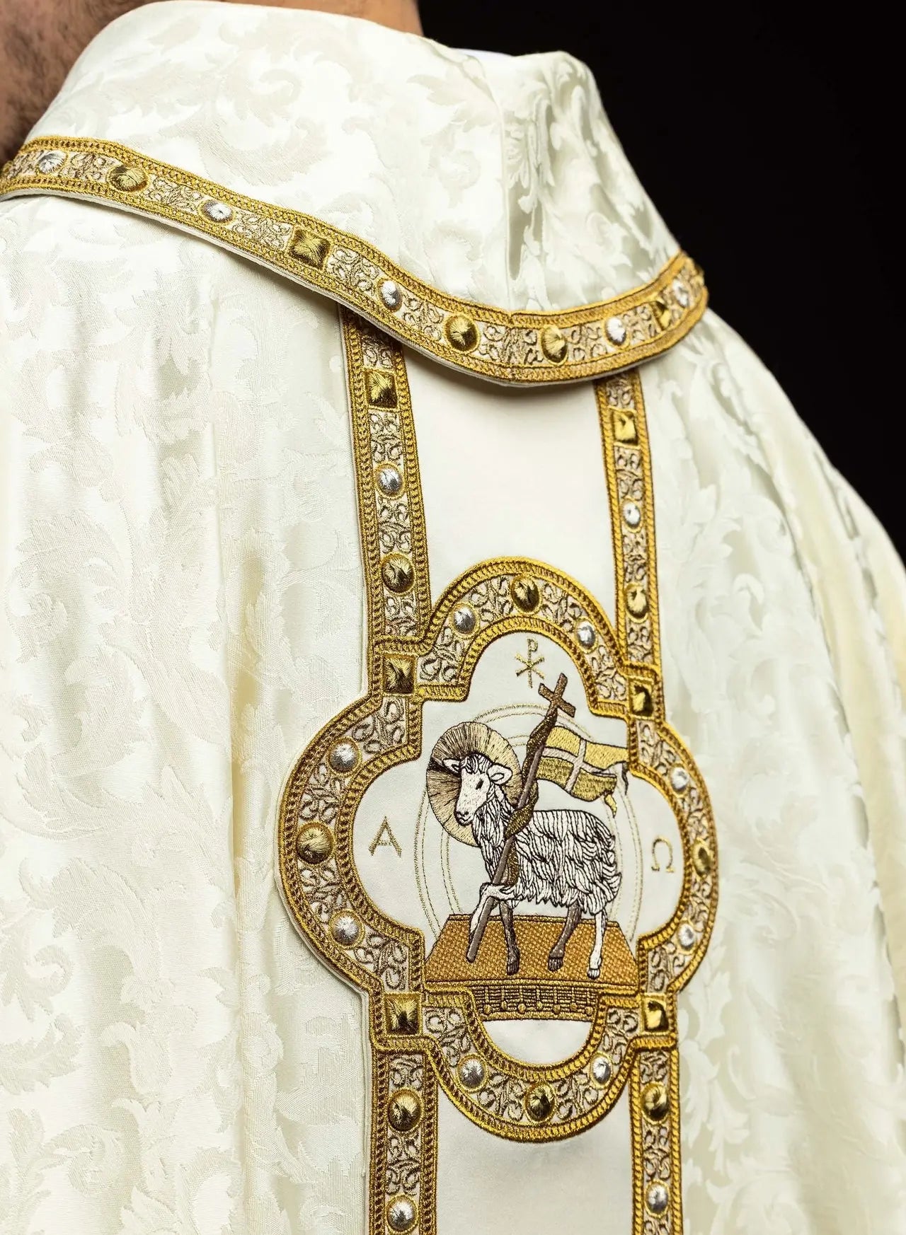 Chasuble with Embroidered Paschal Lamb and Orphrey in Ecru Jacquard