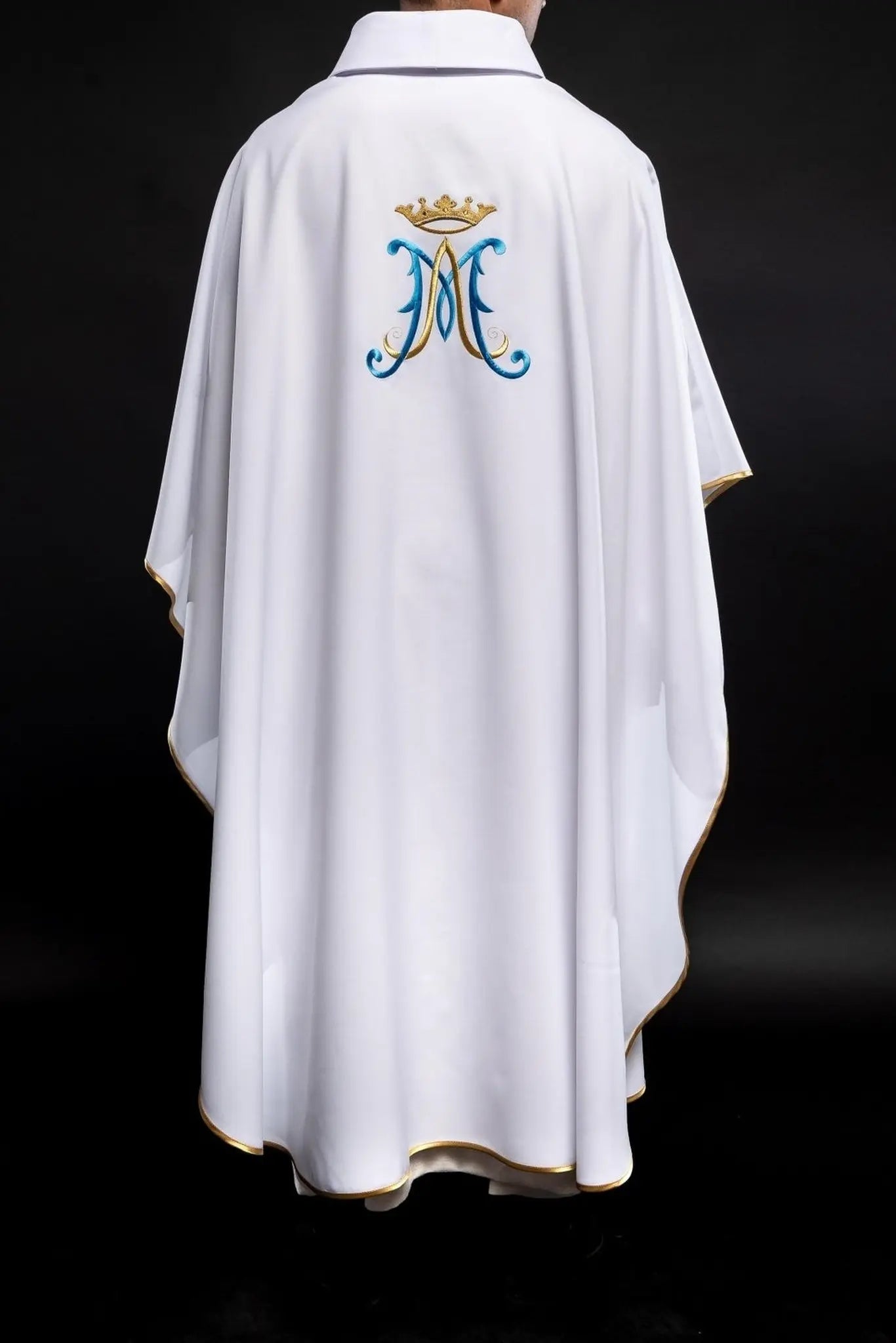 White chasuble embroidered with Marian motif