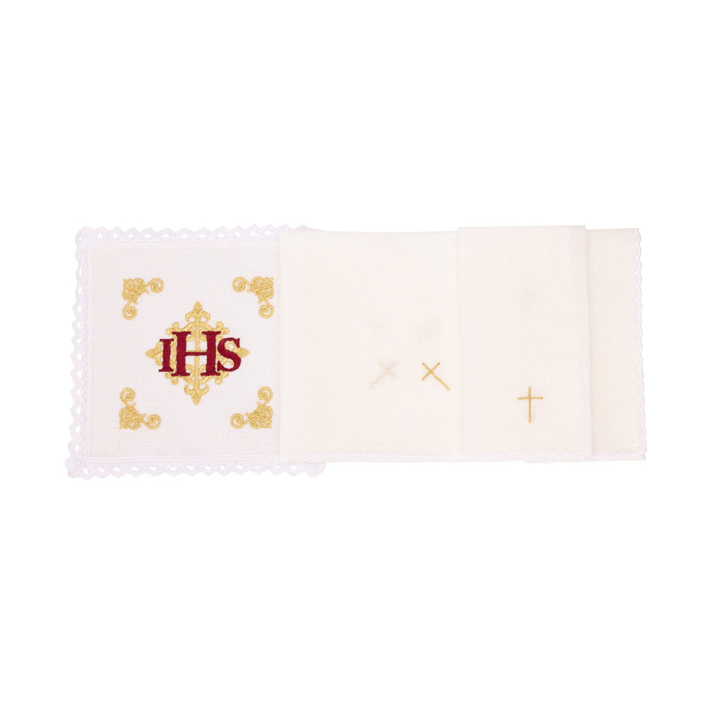 Bielizna kielichowa lniana haftowana czerwony symbol IHS