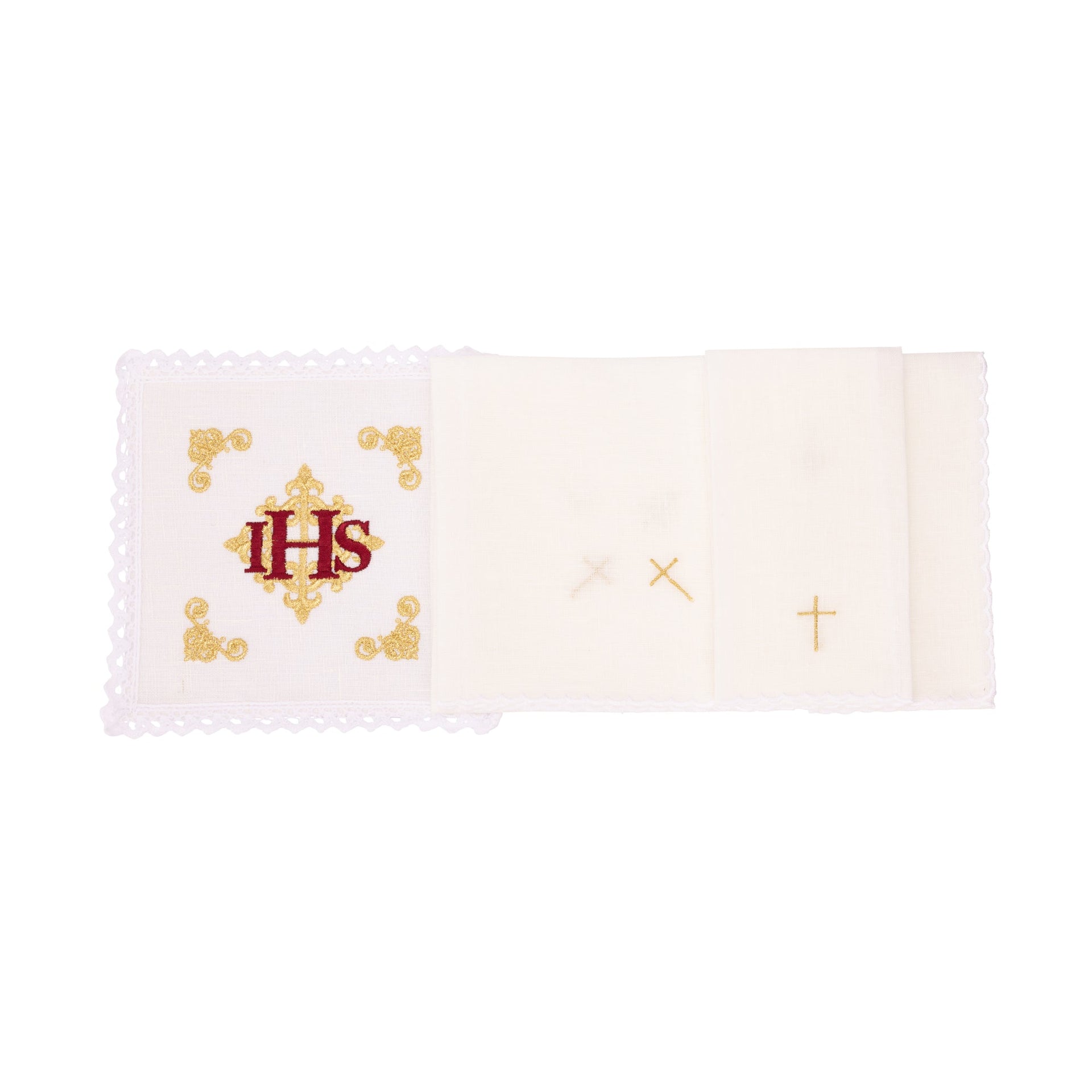 Bielizna kielichowa lniana haftowana czerwony symbol IHS