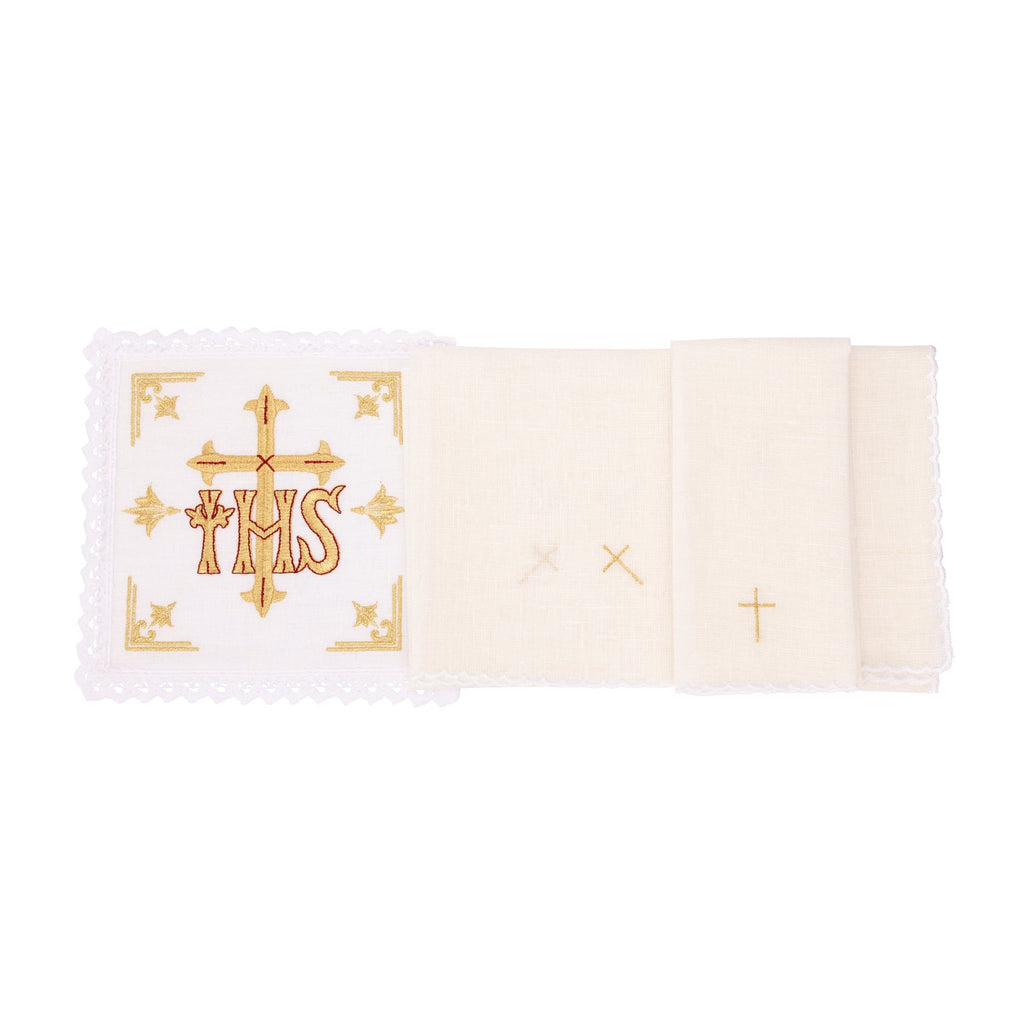Bielizna kielichowa lniana haftowana symbol IHS Krzyż