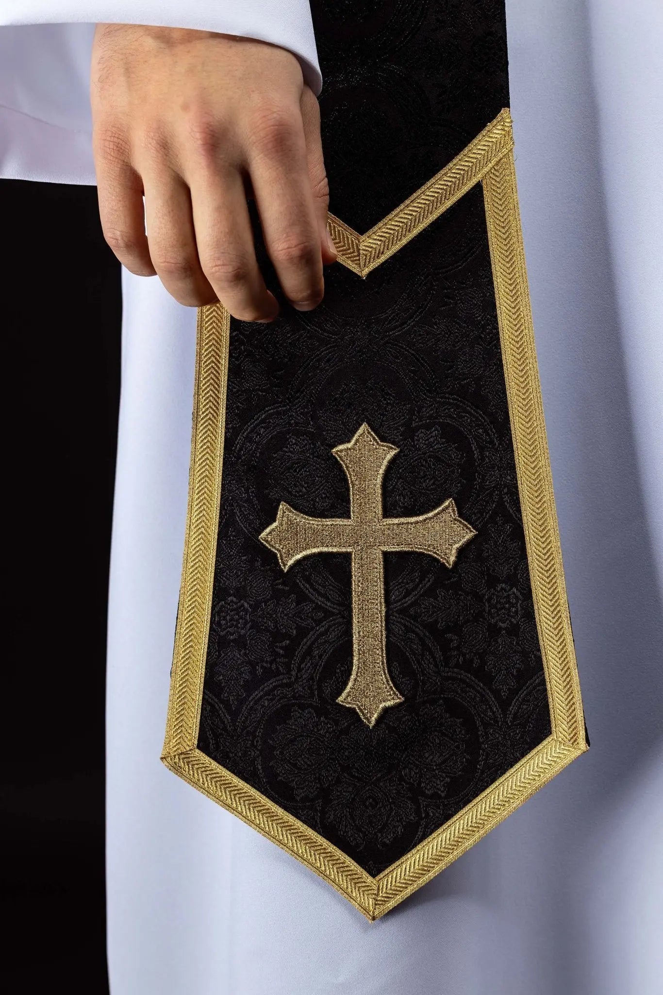 Black Jacquard Stole with Embroidered Cross - HAFTINA ATELIER