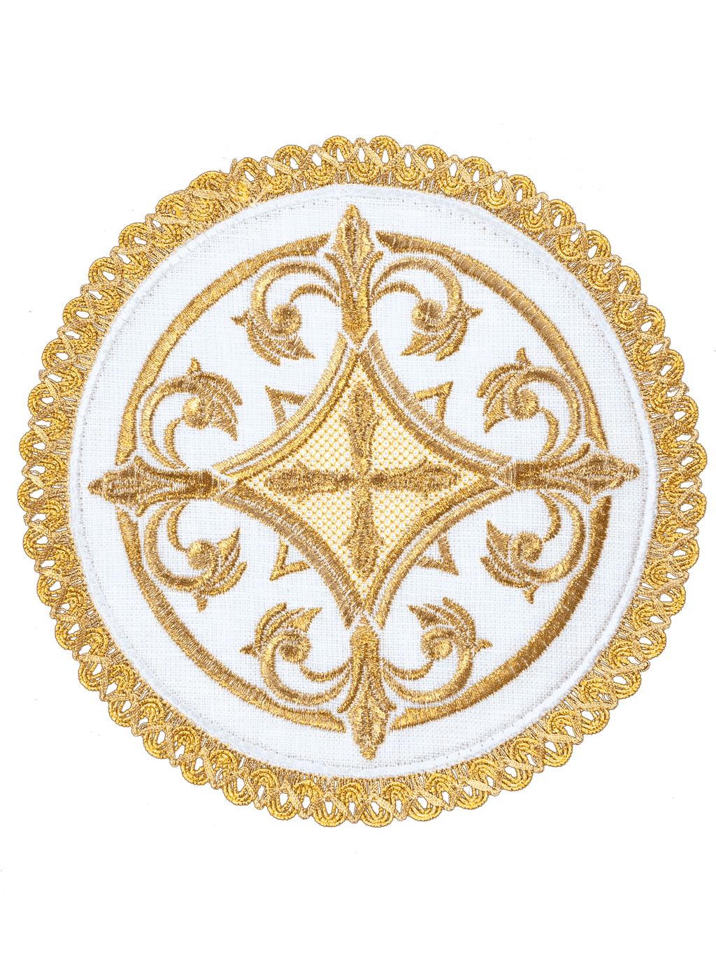 Bogato zdobiony lniany komplet kielichowy z haftem krzyża na okrągłej palce