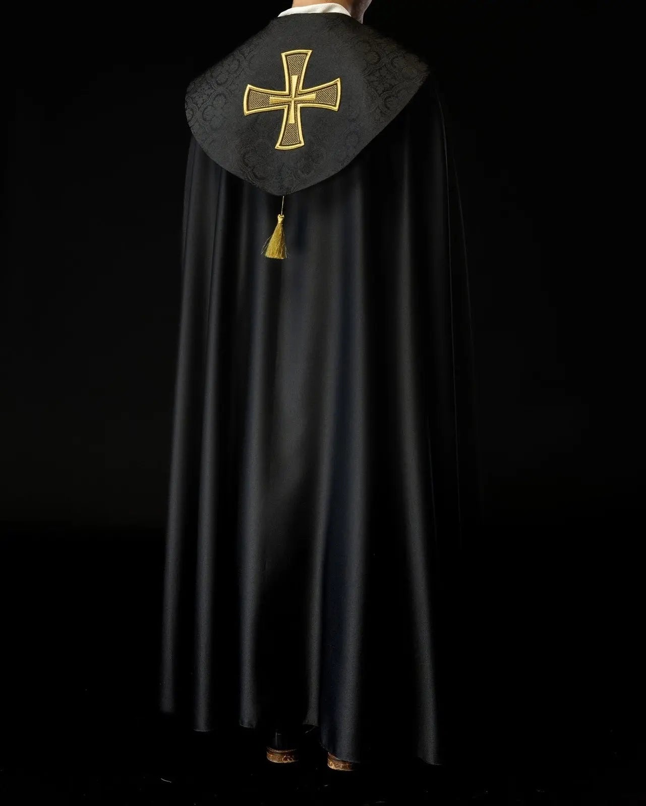 Black Liturgical Cope with Gold Cross Embroidery on Jacquard Fabric