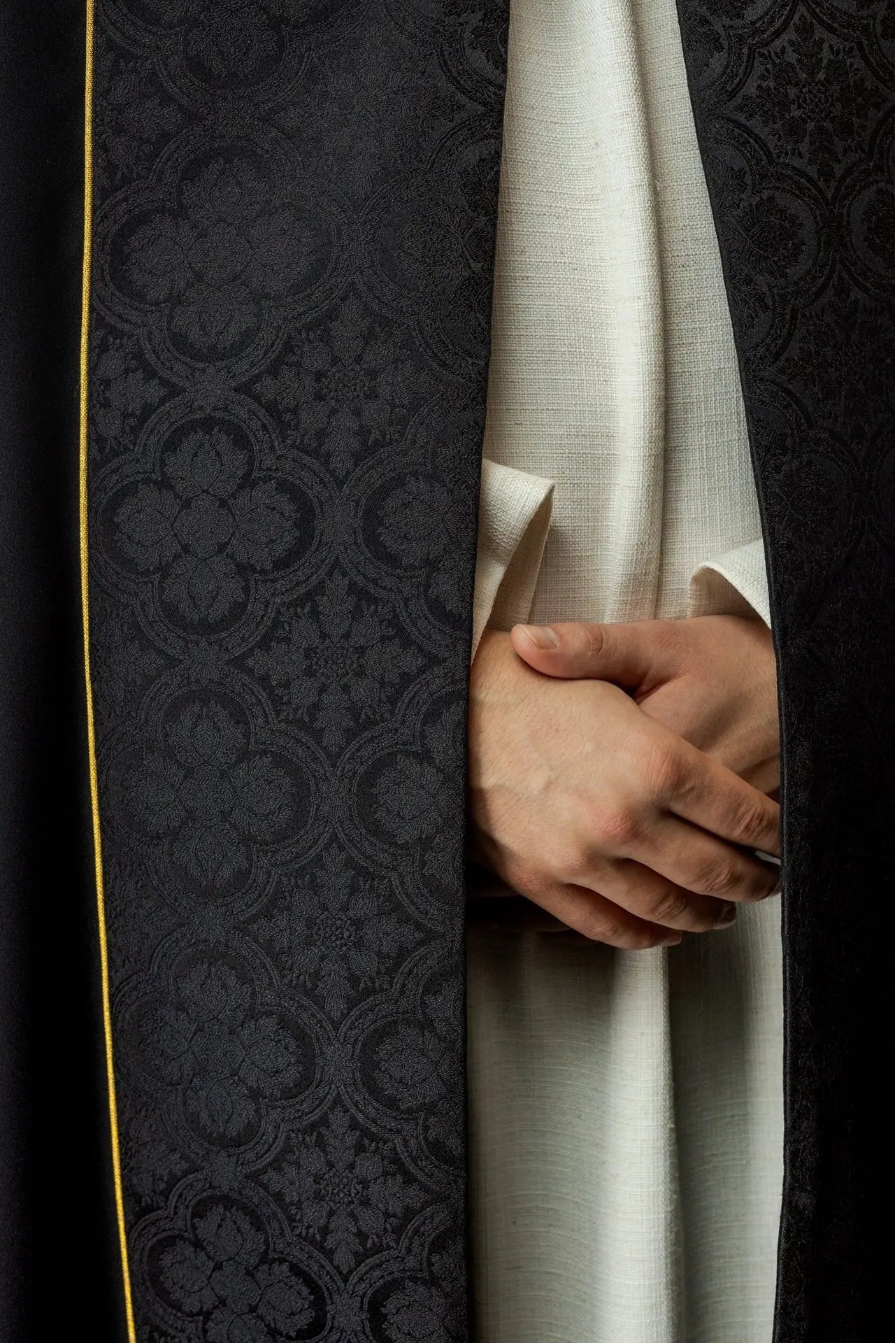 Black Liturgical Cope with Gold Cross Embroidery on Jacquard Fabric