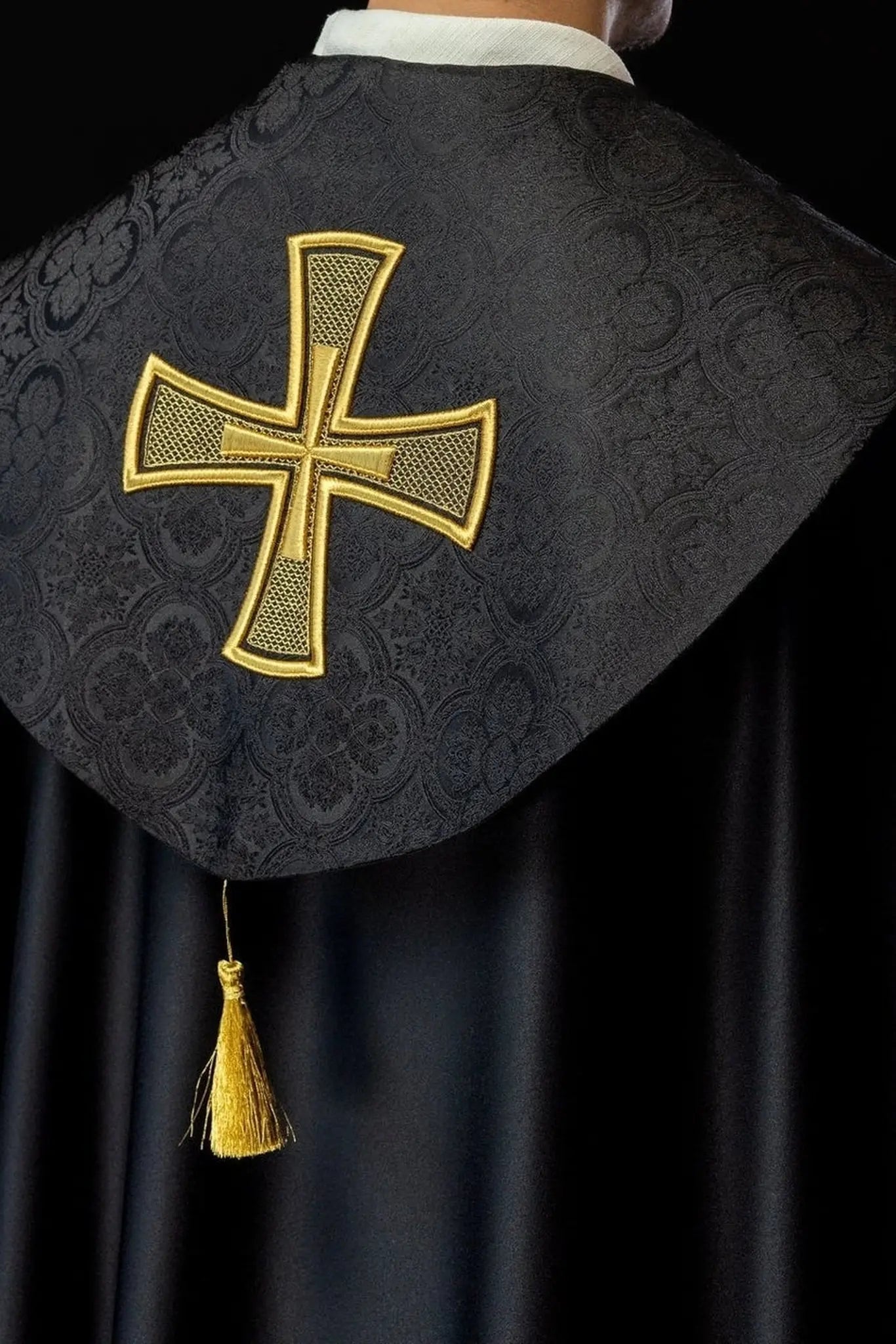 Black Liturgical Cope with Gold Cross Embroidery on Jacquard Fabric