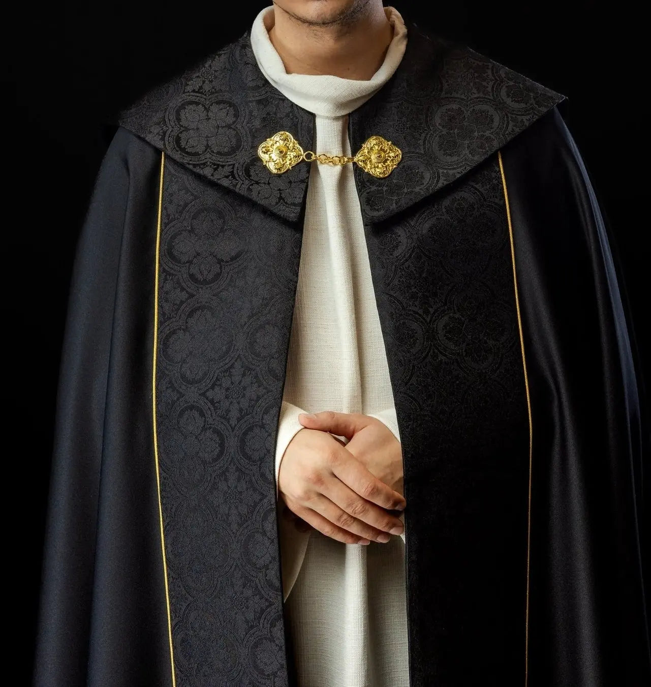 Black Liturgical Cope with Gold Cross Embroidery on Jacquard Fabric