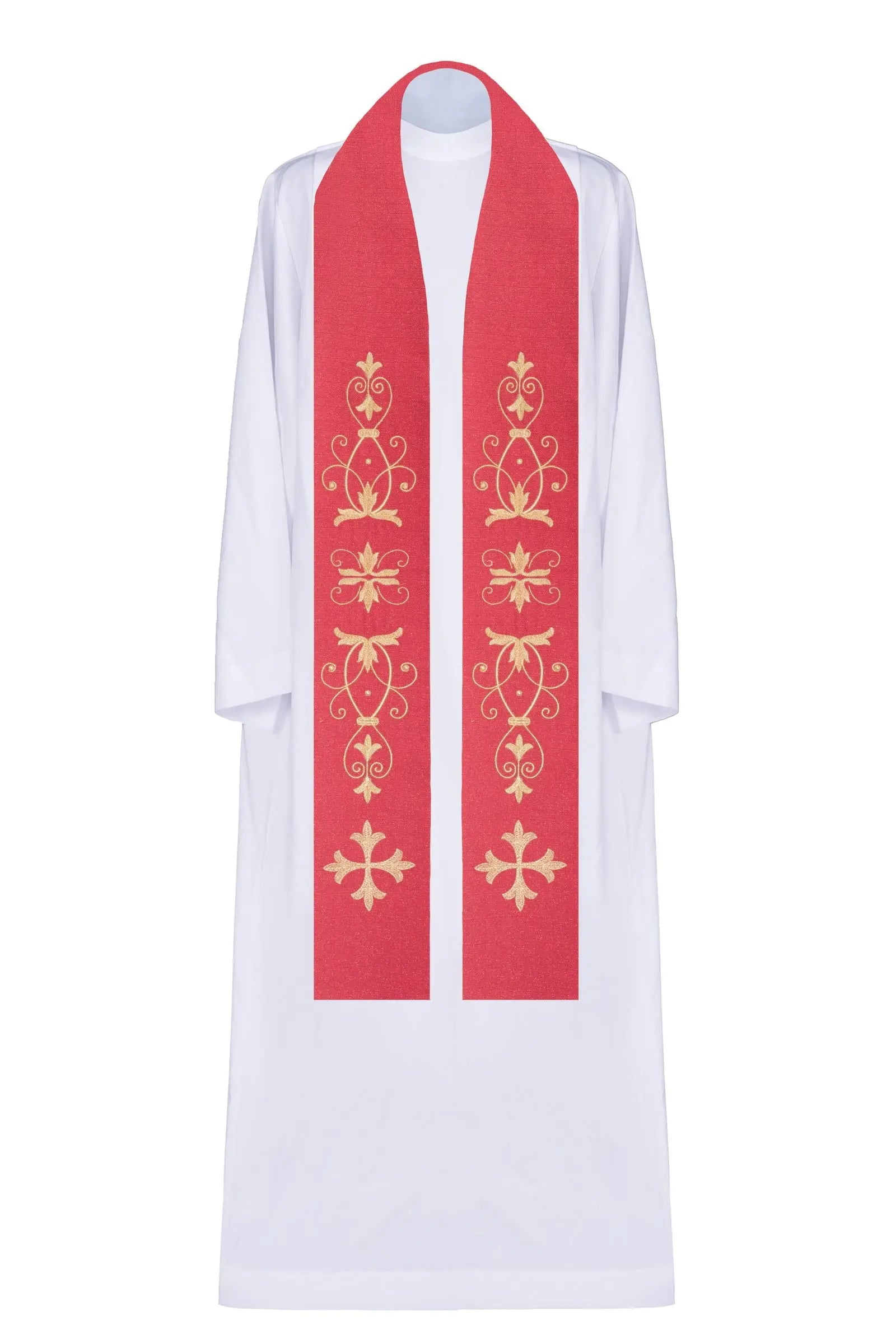 Red stole with embroidered cross and floral motif
