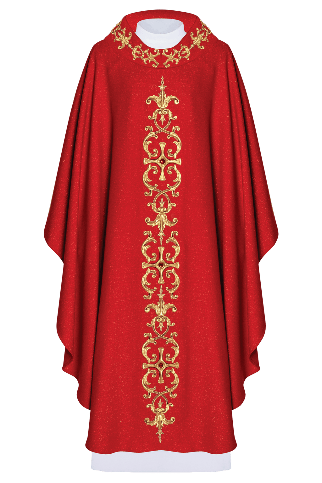 Czerwony ornat bogato haftowany z kamieniami