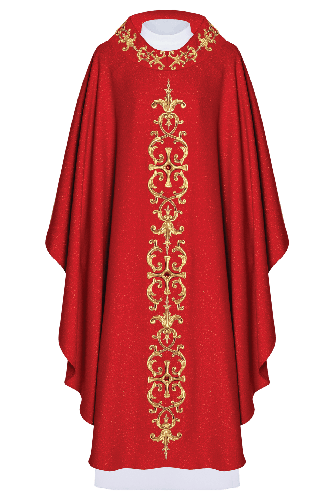 Czerwony ornat bogato haftowany z kamieniami