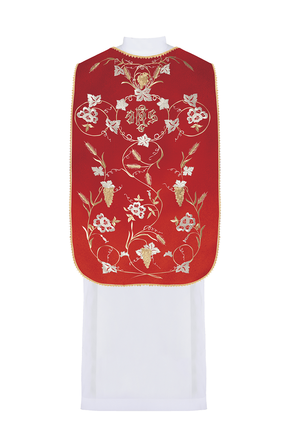 Czerwony ornat rzymski z motywem IHS, kłosów i winogron