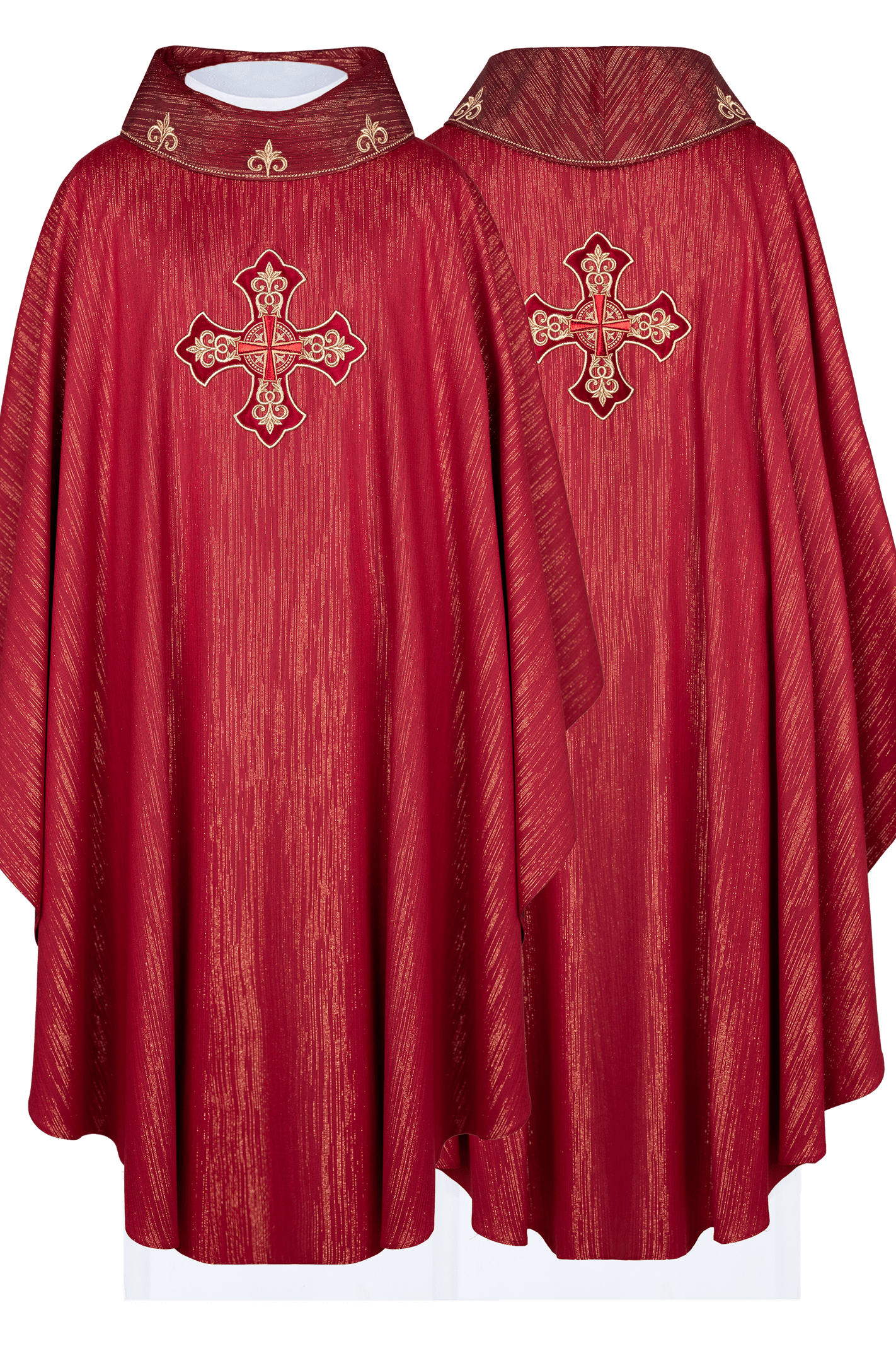 Czerwony ornat liturgiczny z bogato haftowanym krzyżem i zdobionym kołnierzem