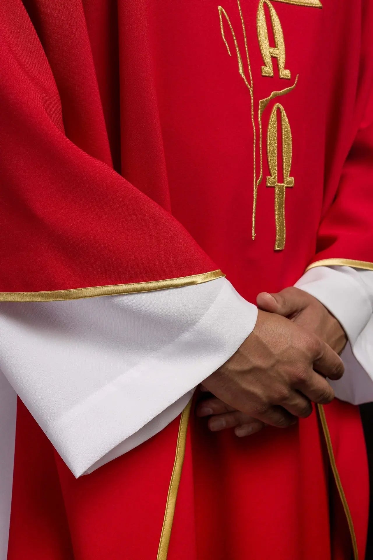 Red chasuble with Alpha Omega embroidery