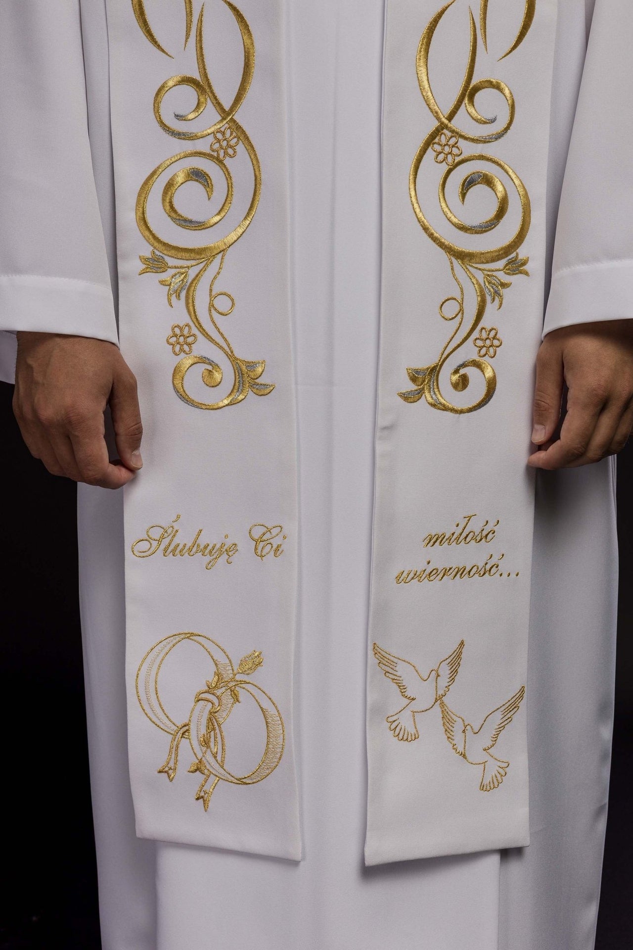 Długa stuła haftowana Ślubna w kolorze białym