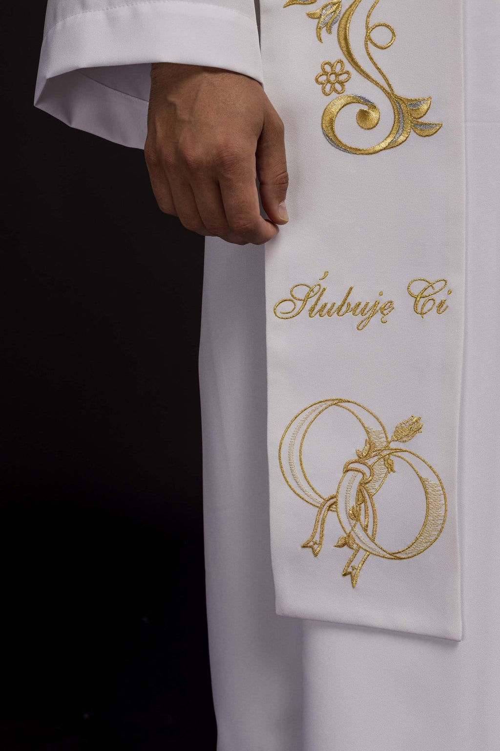 Długa stuła haftowana Ślubna w kolorze białym