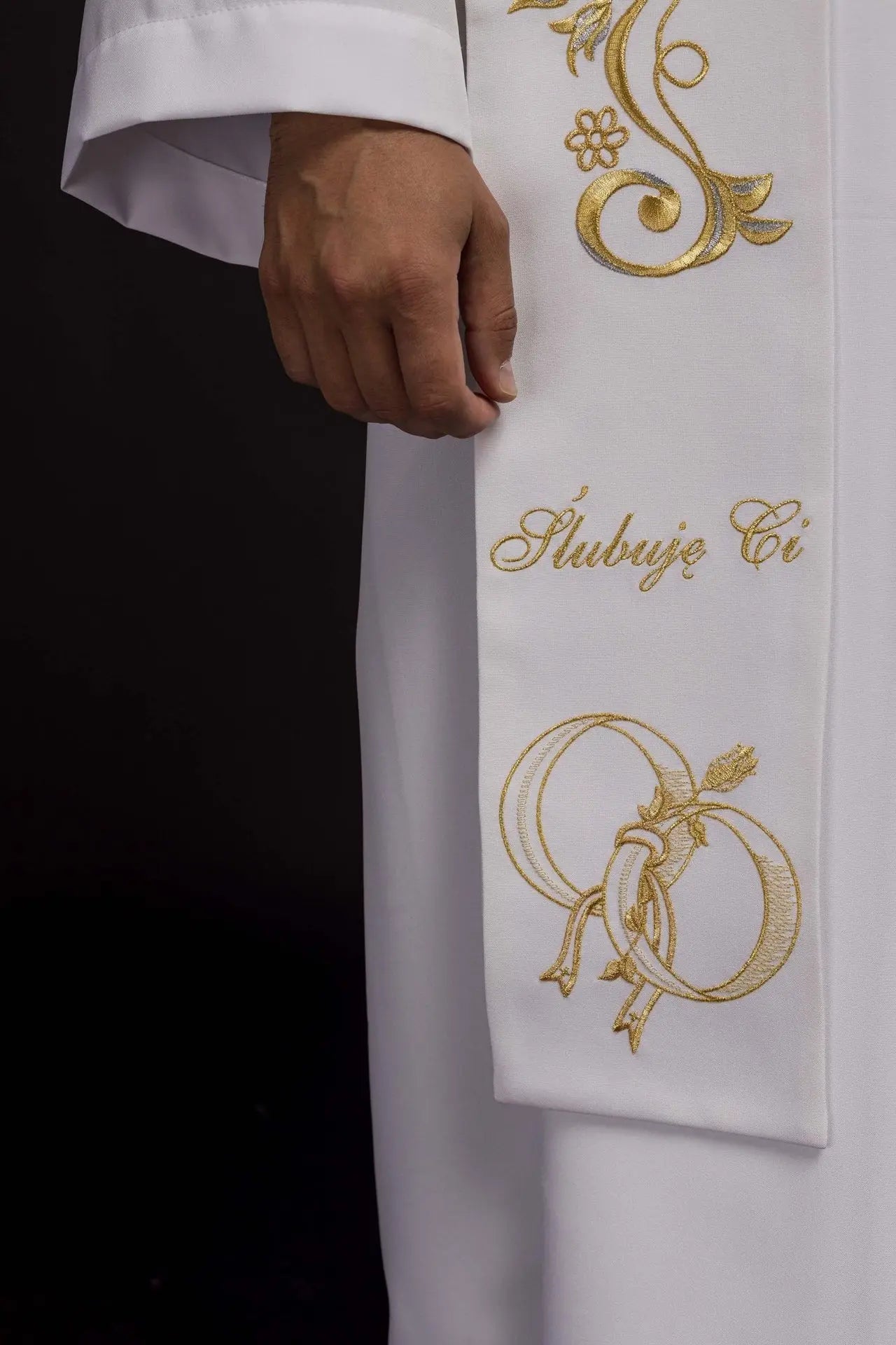 Long Embroidered Wedding stole in white
