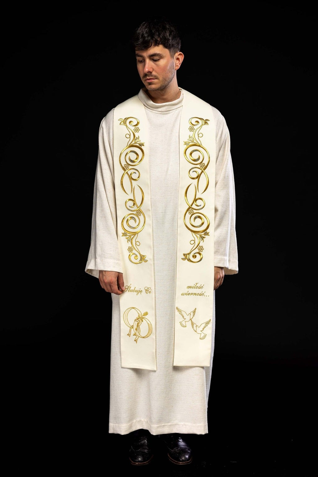 Długa stuła haftowana Ślubna w kolorze kremowym