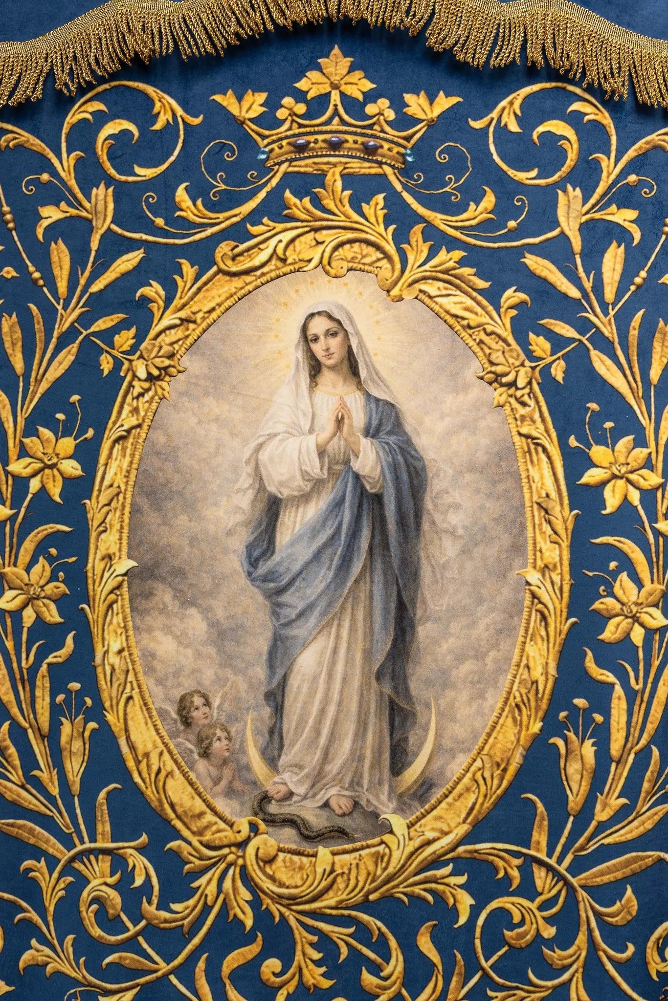Double-sided Printed Processional Banner: Our Lady of the Immaculate Conception and Marian Monogram - HAFTINA ATELIER