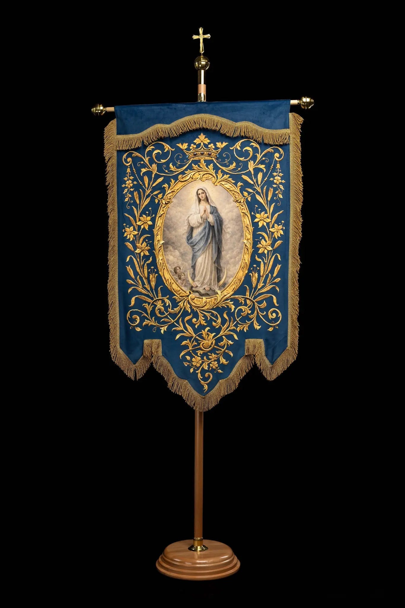Double-sided Printed Processional Banner: Our Lady of the Immaculate Conception and Marian Monogram - HAFTINA ATELIER