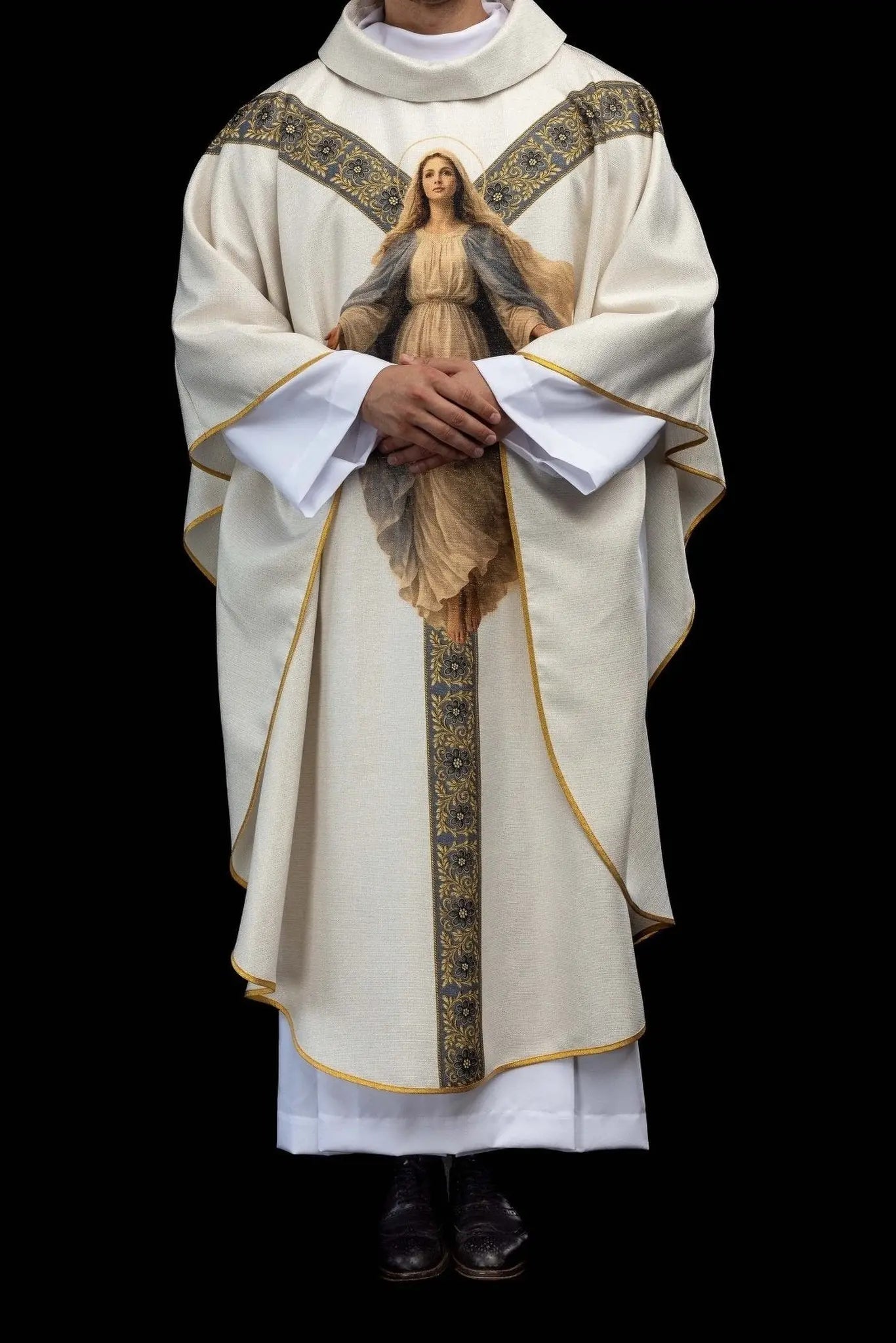 Ecru Chasuble with Printed Image of Our Lady of the Assumption - HAFTINA ATELIER