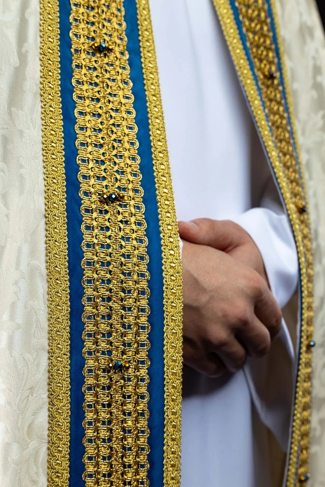 Ecru Marian Cope with Natural Stones, Handmade - HAFTINA ATELIER