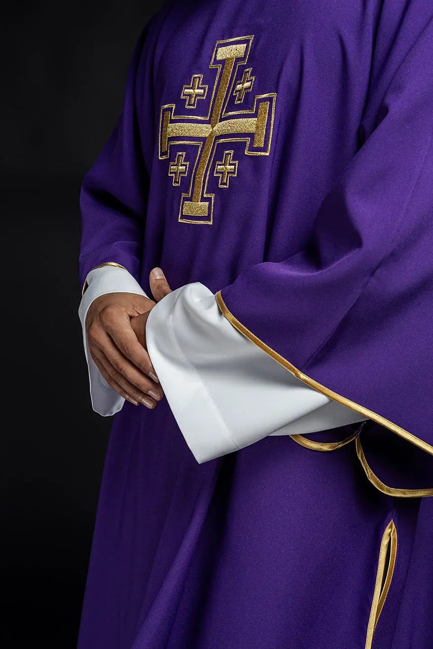 Purple Dalmatian with embroidered gold crosses