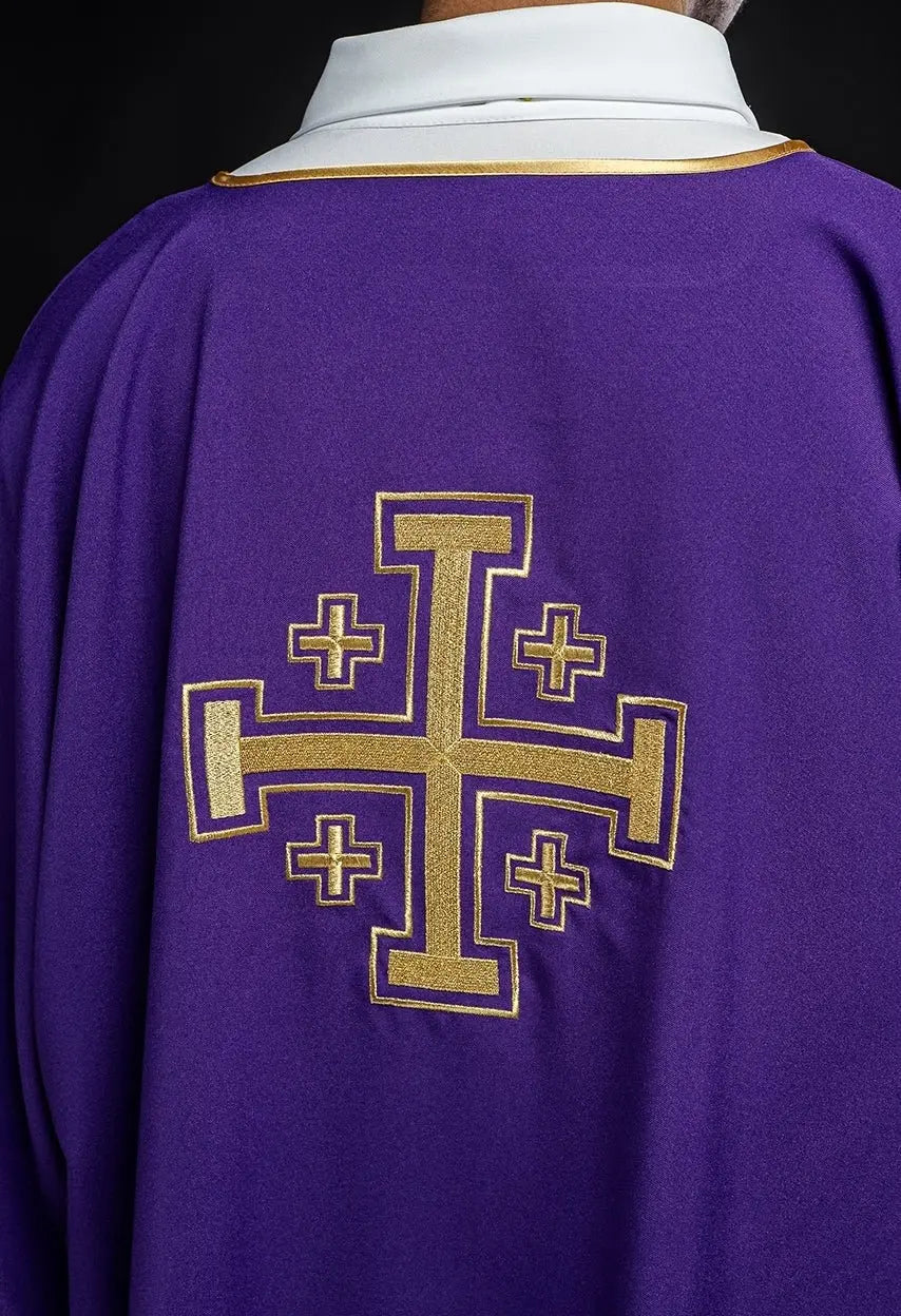 Purple Dalmatian with embroidered gold crosses