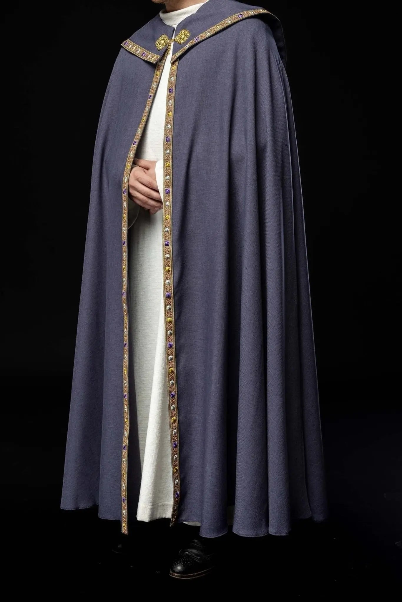 Purple liturgical cape with gold IHS