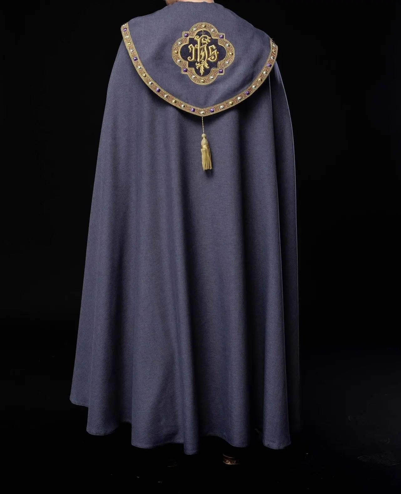 Purple liturgical cape with gold IHS
