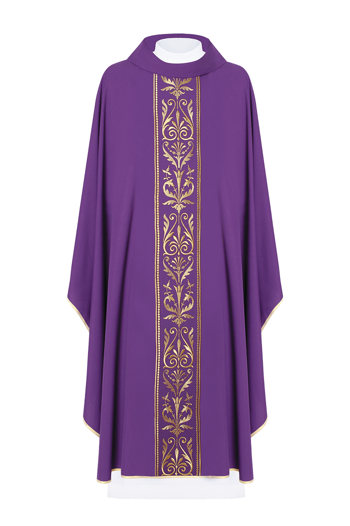Fioletowy ornat liturgiczny zdobiony złotym pasem haftowanym