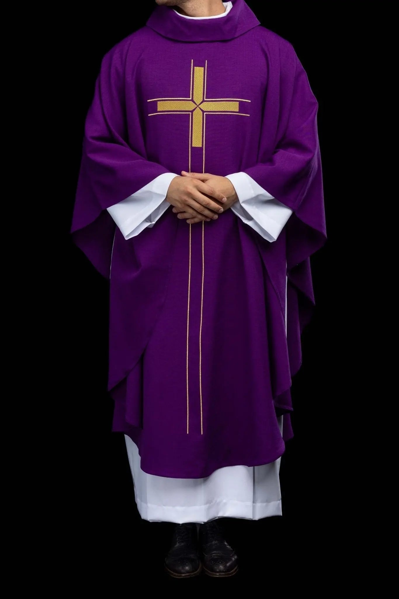 Purple chasuble with an embroidered cross motif
