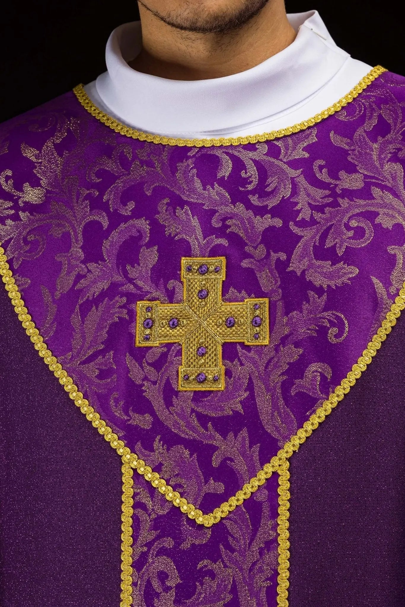 Purple chasuble with gold cross and jacquard fabric