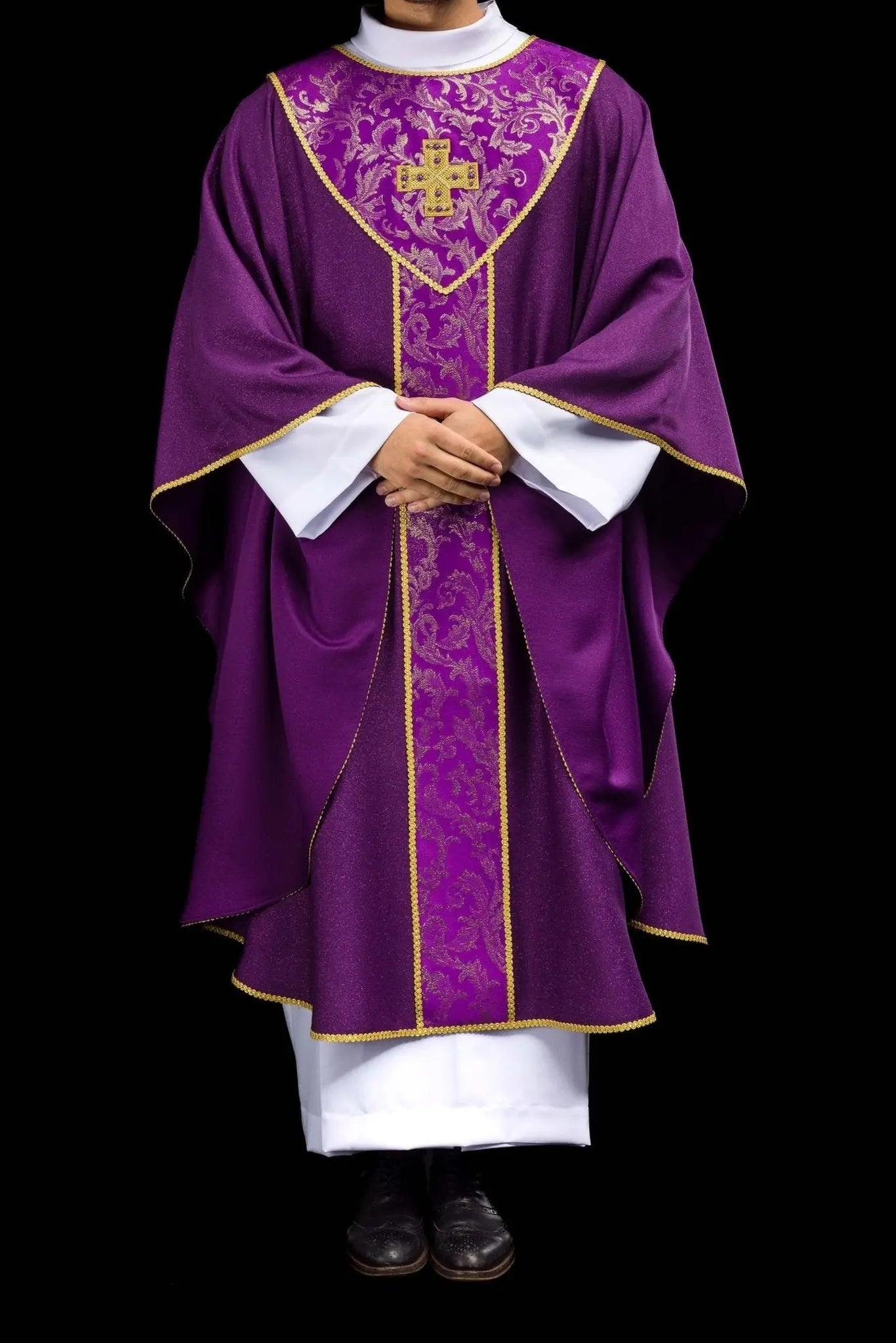 Purple chasuble with gold cross and jacquard fabric