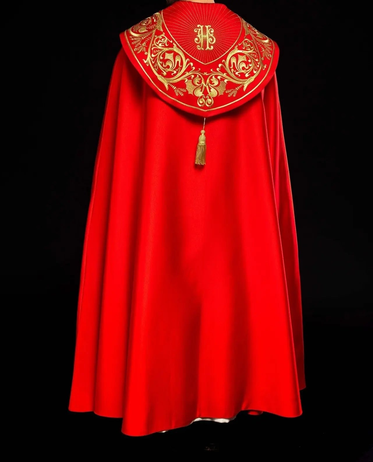Liturgical cape richly embroidered IHS in red
