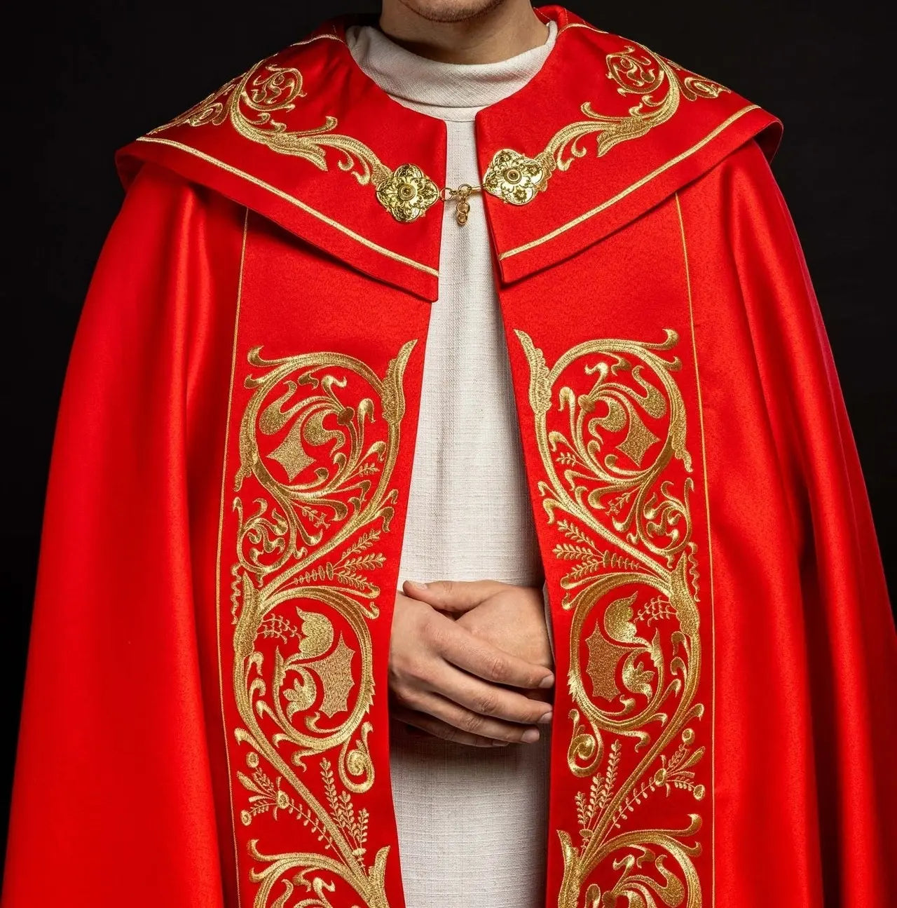 Liturgical cape richly embroidered IHS in red