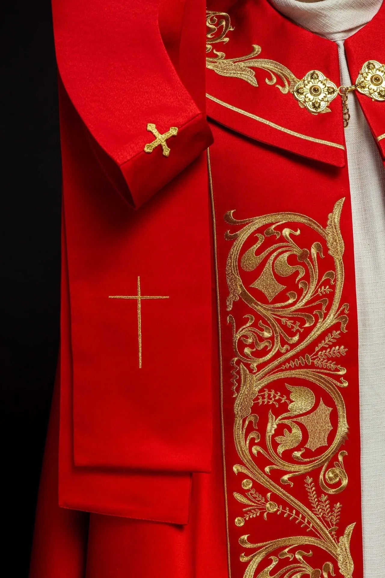 Liturgical cape richly embroidered IHS in red
